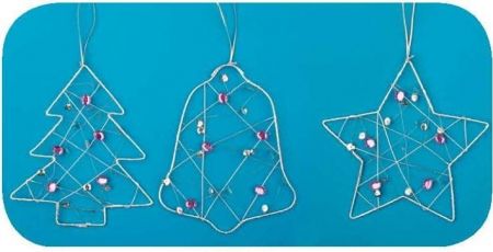 Drátěná dekorace stříbrná s kamínky stromek,hvězda, zvonek 15cm