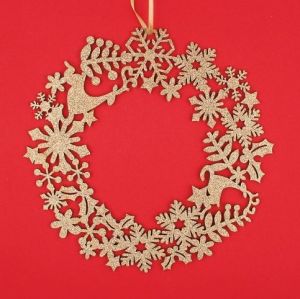 Dřevěný věnec zlatý glitrový 23 cm