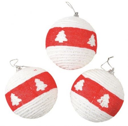 Baňky bílé se stromkem a červeným pruhem 8 cm, 3 ks