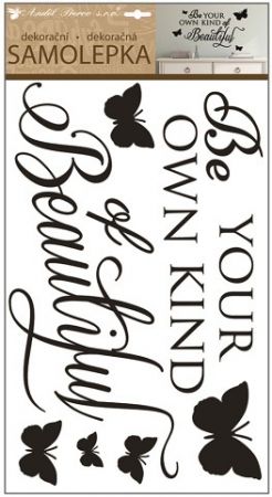 Samolepky na zeď s textem a motýlky 60x32 cm