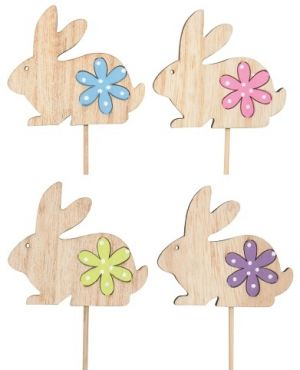 Zajíček dřevěný s kytičkou 8 cm + špejle