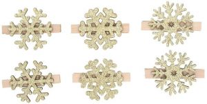 Vločka dřevěná s glitry 3,5 cm 6 ks, na kolíčku, zlatá