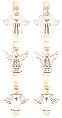 Anděl dřevěný 3,5 cm 6 ks, na kolíčku, bílý