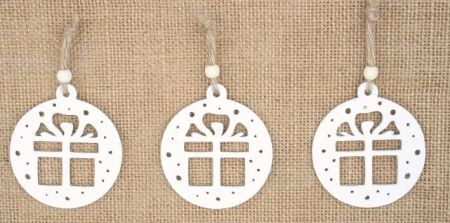 Dárek dřevěný bílý 6 cm 3ks, na zavěšení