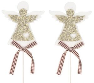 Anděl dřevěný bílý se zlatým 7 cm + špejle, 2 ks zápich