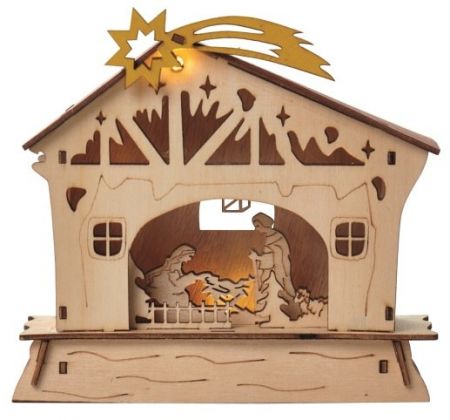 Dekorace betlém na postavení 18 x 16,5 cm, 4 LED, teplá bílá + časovač