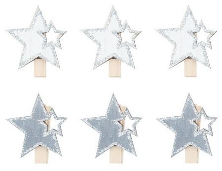 Hvězda dřevěná se stříbrnými glitry na kolíčku 4 cm šedá a bílá, 6 ks