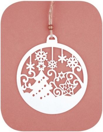 Koule dřevěná se stromem a vločkami na zavěšení 12 cm, bílá
