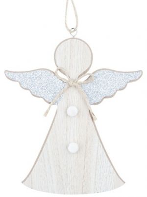 Anděl dřevěný se stříbrnými křídly na zavěšení 15 cm