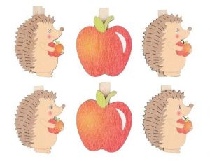 Dřevění ježci a jablíčka na kolíčku 4 cm, 6 ks
