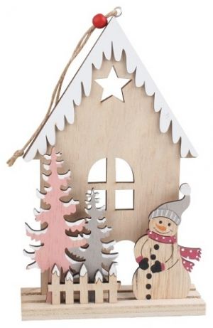 Dřevěný domeček se sněhulákem na zavěšení 20 cm