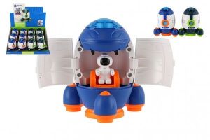 Raketoplán/raketa plast 9x11cm s kosmonautem s vozítkem na setrvačník 2 barvy