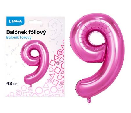 Balónek foliový č.9 RŮŽOVÝ 43 cm LUMA