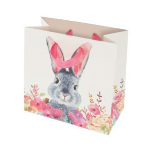 Taška dárková 16,5 x 16,5 x 9 cm, Zajíc s květy