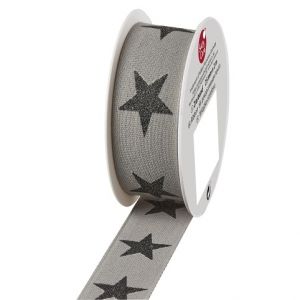 Stuha textilní 2m x 25mm, stříbrná s hvězdami