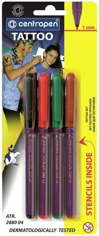 Popisovač na kůži smývatelný, 4 barvy + šablony, CENTROPEN