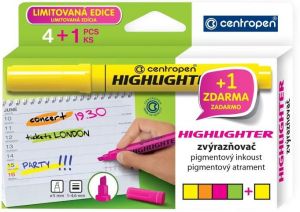 Zvýrazňovač Highlighter 8552 1-4 mm v krabičce, 4 barvy + 1 zdarma, CENTROPEN