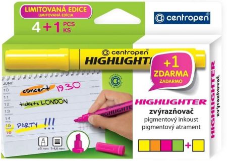 Zvýrazňovač Highlighter 8552 1-4 mm v krabičce, 4 barvy + 1 zdarma, CENTROPEN