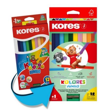 KORES JUMBO KOLORES trojhranné pastelky 5 mm, s jumbo ořezávátkem / 24 barev
