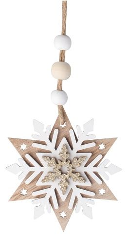 Vločka s bílým dekorem dřevěná s glitrem na zavěšení 7,5 cm