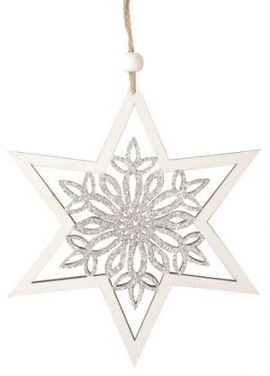 Hvězda s vločkou dřevěná na zavěšení 15 cm, bílá