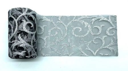 Organza 12cm/10y černá štříbrná glitrovaná brokát
