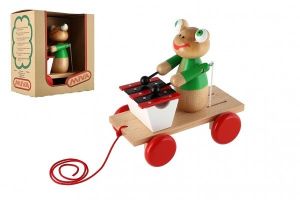 Žába s xylofonem barevná dřevo tahací 19cm v krabici 20x21x12cm