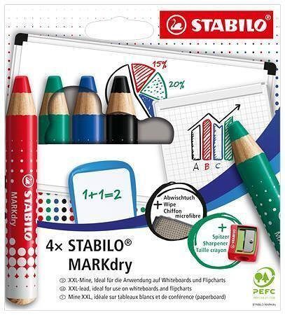 Popisovače na bílou tabuli a flipchart "MARKdry", 4 barvy, sada, STABILO 648/4-5