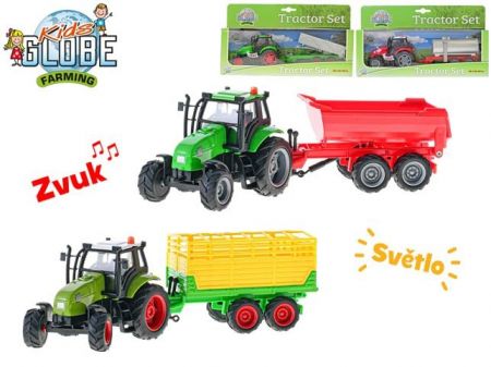 Kids Globe Farming Traktor kov s vlečkou 25cm na baterie se světlem a zvukem 4 druhy