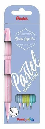 Štětcová pera "Brush Sign", sada 4 pastelových barev, PENTEL SES15P-4
