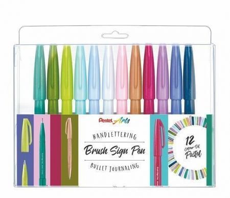 Štětcová pera "Brush Sign", sada 12 pastelových barev, PENTEL SES15C-12