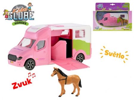 Kids Globe Horses auto přepravní 20cm kov na setrvačník na baterie +světlo/zvuk s koněm v