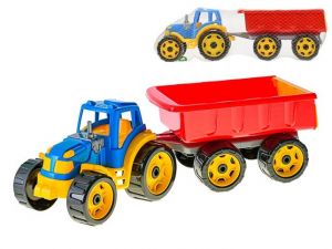 Traktor se sklápěcím přívěsem 54cm modro/červený v síťce