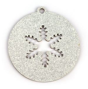 Dřevěná vánoční baňka, vločka, stříbrný glitr