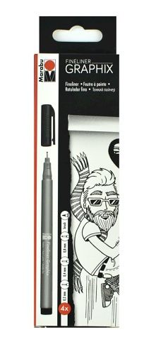 Fineliner Marabu, sada černých popisovačů, 4 ks