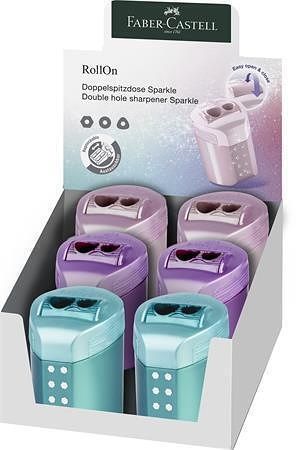 Ořezávátko "RollOn Sparkle", displej/6 ks, metalické barvy, 2 otvory, se zásobníkem, FABER