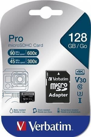 Paměťová karta "PRO“, microSDXC, 128GB, CL10/U3, 90/45 MB/s, adaptér, VERBATIM 47044
