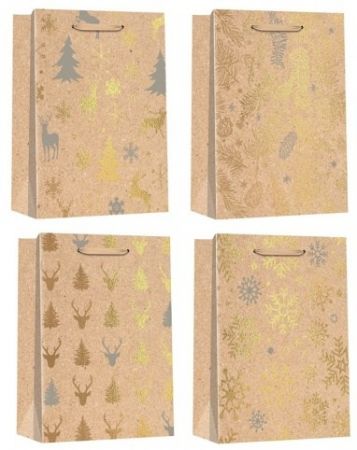 Taška kraftová vánoční se zlatou ražbou M 18 x 23 x 10 cm