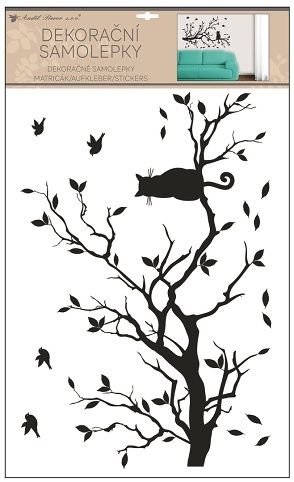 Samolepka na zeď černá větev s kočkou 42 x 60 cm