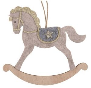 Koník z filcu s dřevěným základem na zavěšení hnědý 13 x 19 cm