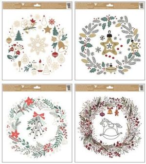 Okenní fólie barevné vánoční věnce s glitry 30 x 33,5 cm