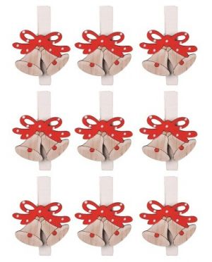 Dřevěné zvonečky na kolíčku červené s mašlí 2 cm, 9 ks