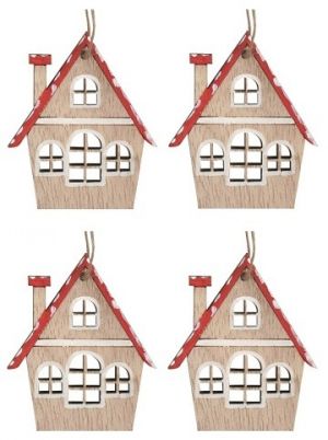 Dřevěné domečky na zavěšení červené 5 x 6 cm, 4 ks