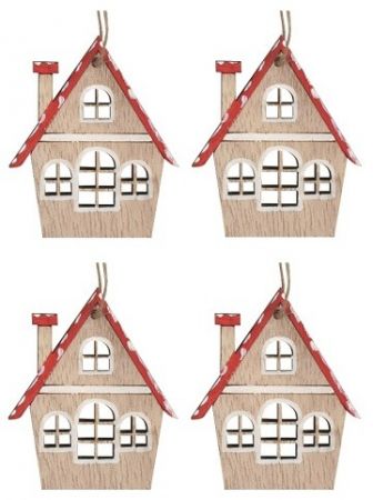 Dřevěné domečky na zavěšení červené 5 x 6 cm, 4 ks
