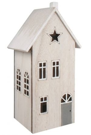 Dřevěný domek bílý s patinou na postavení s LED 10 x 20 x 8 cm