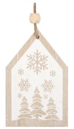 Domek s bílým potiskem dřevěný na zavěšení 7,5 x 12 x 1 cm