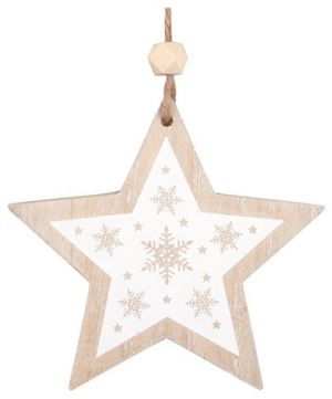 Hvězda s bílým potiskem dřevěná na zavěšení 12 x 12 x 1 cm