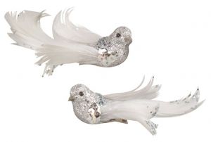 Ptáčci na klipu s glitry stříbrní 8 cm, 2 ks 