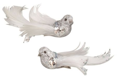 Ptáčci na klipu s glitry stříbrní 8 cm, 2 ks 