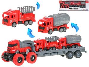 Tahač s návěsem 37cm na setrvačník s požárními vozidly 2ks 11cm zpětný chod v krabičce